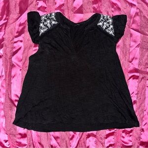Lucky Brand Embroidered Flowy Top w/ Shoulder Ruffle Design